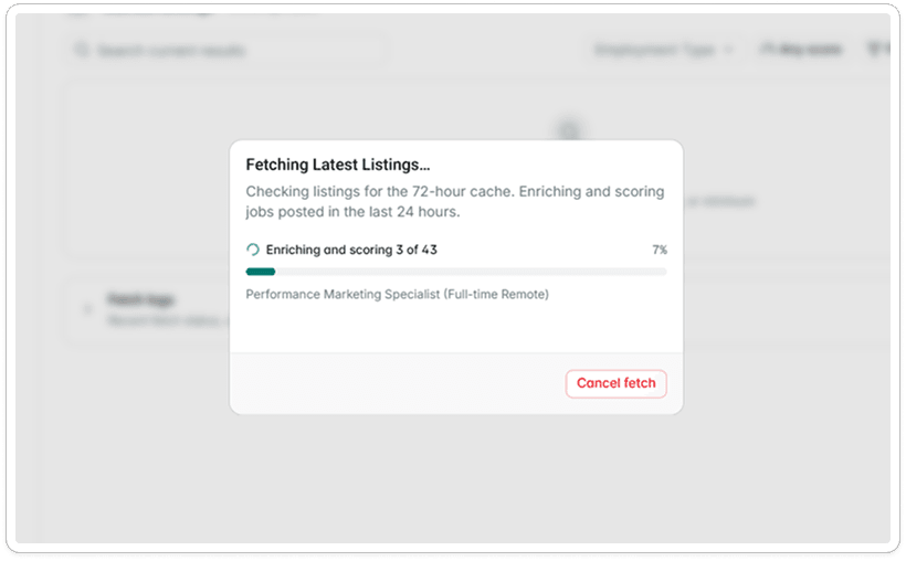 OLJ Scout sync progress showing job enrichment and scoring