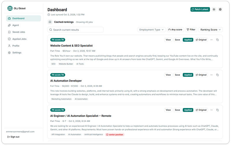 OLJ Scout dashboard with ranked job listings, fit scores, and review controls
