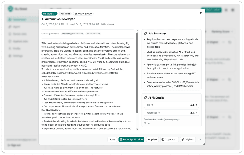 OLJ Scout job detail showing the original description and AI fit details